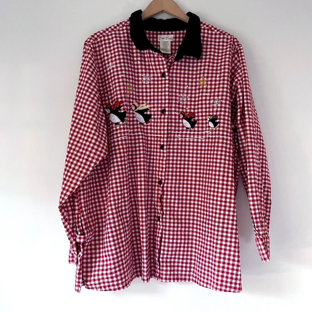 Vintage 90s Y2K Christmas Red Gingham Plaid Cottagecore Velvet Button Shirt 26W